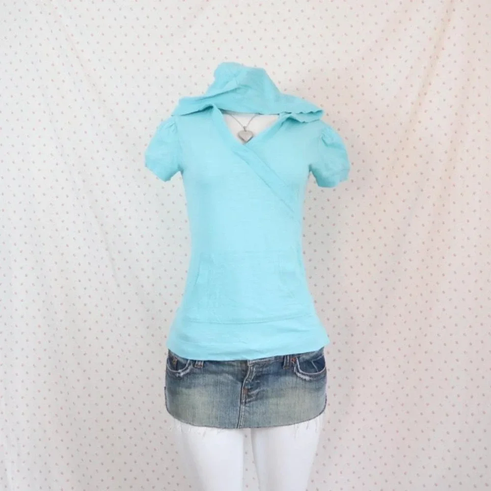 Old Navy Blue Wrap Hoodie Top Y2K Short Sleeve - Picture 3 of 5